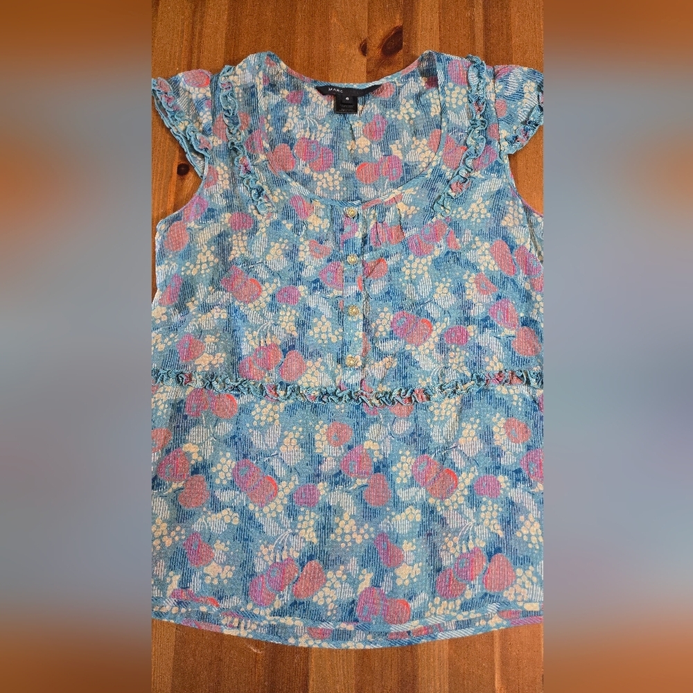 Marc Jacobs Blue Floral Ruffle Button-Front Blouse - Picture 3 of 12